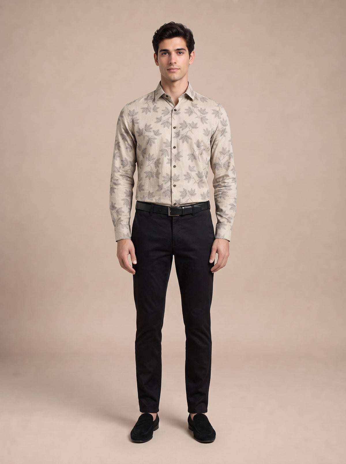Men Beige Botanical Leaf Shirt