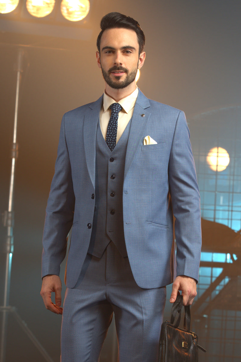 Sky Blue Checkered Formal 3 Piece Suit