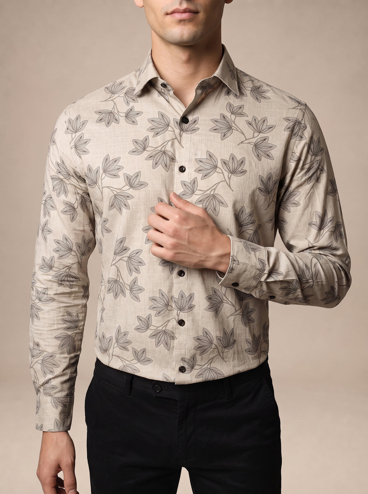 Men Beige Botanical Leaf Shirt
