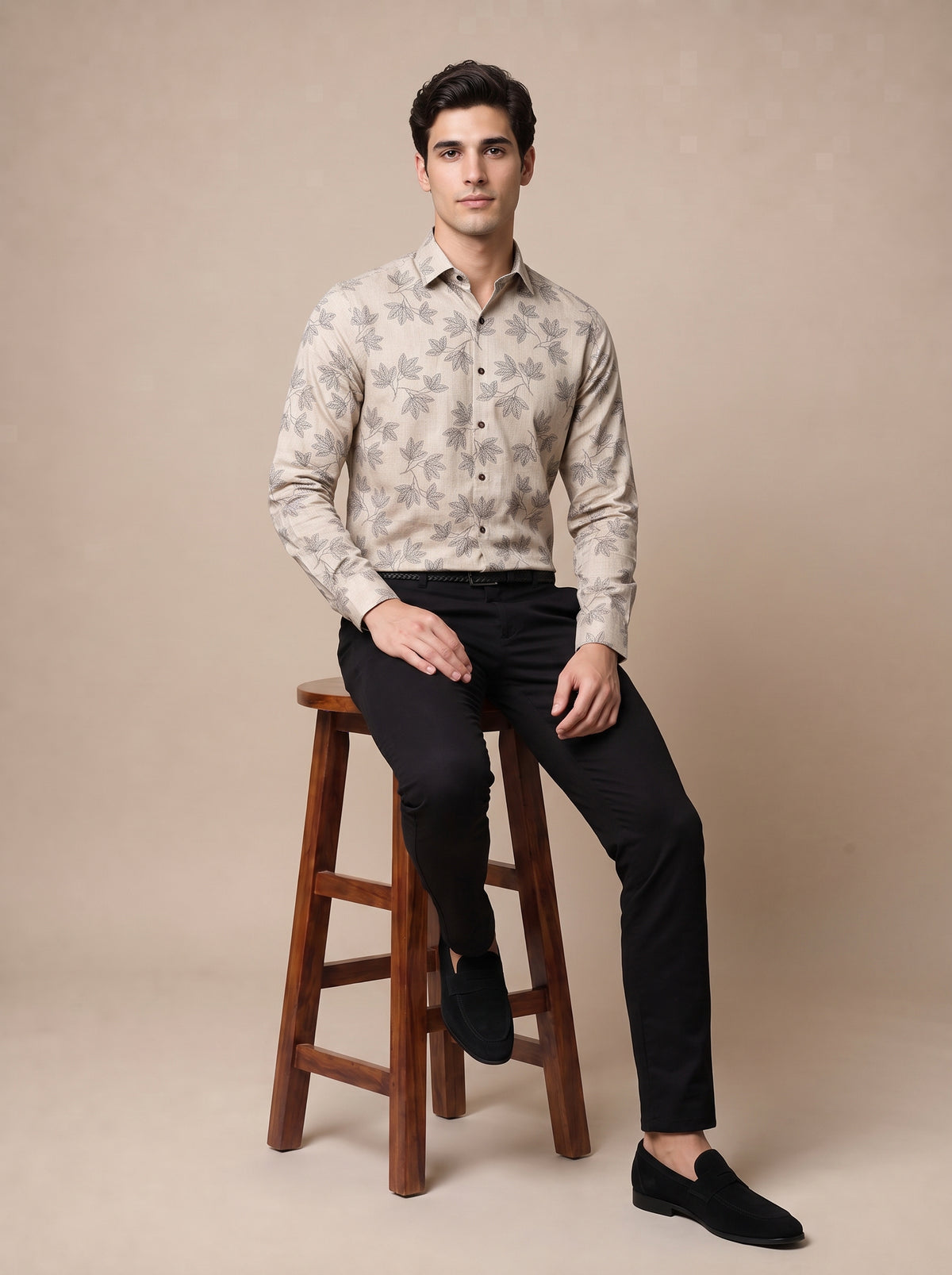 Men Beige Botanical Leaf Shirt