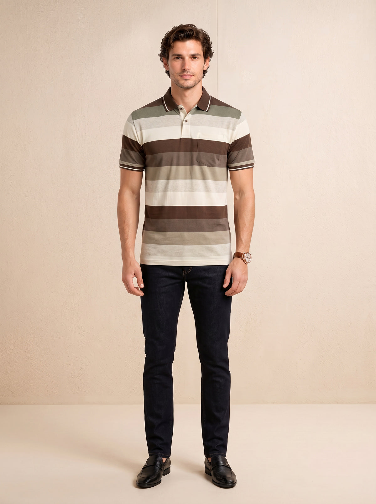 Men Striped T-Shirt with Contrast Collar & Chest Pocket