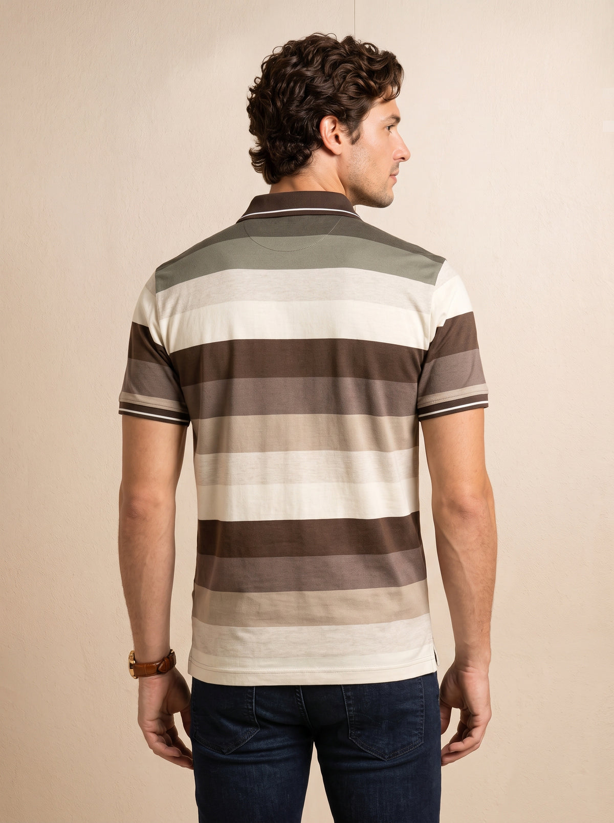Men Striped T-Shirt with Contrast Collar & Chest Pocket