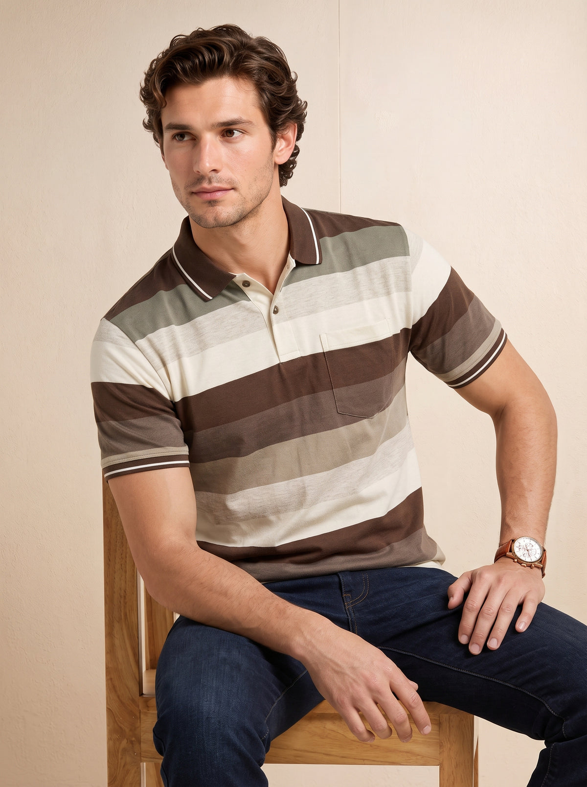 Men Striped T-Shirt with Contrast Collar & Chest Pocket