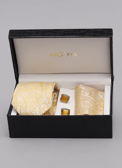Yellow Formal Tie Accessories Combo – Tie, Cufflinks & Pocket Square