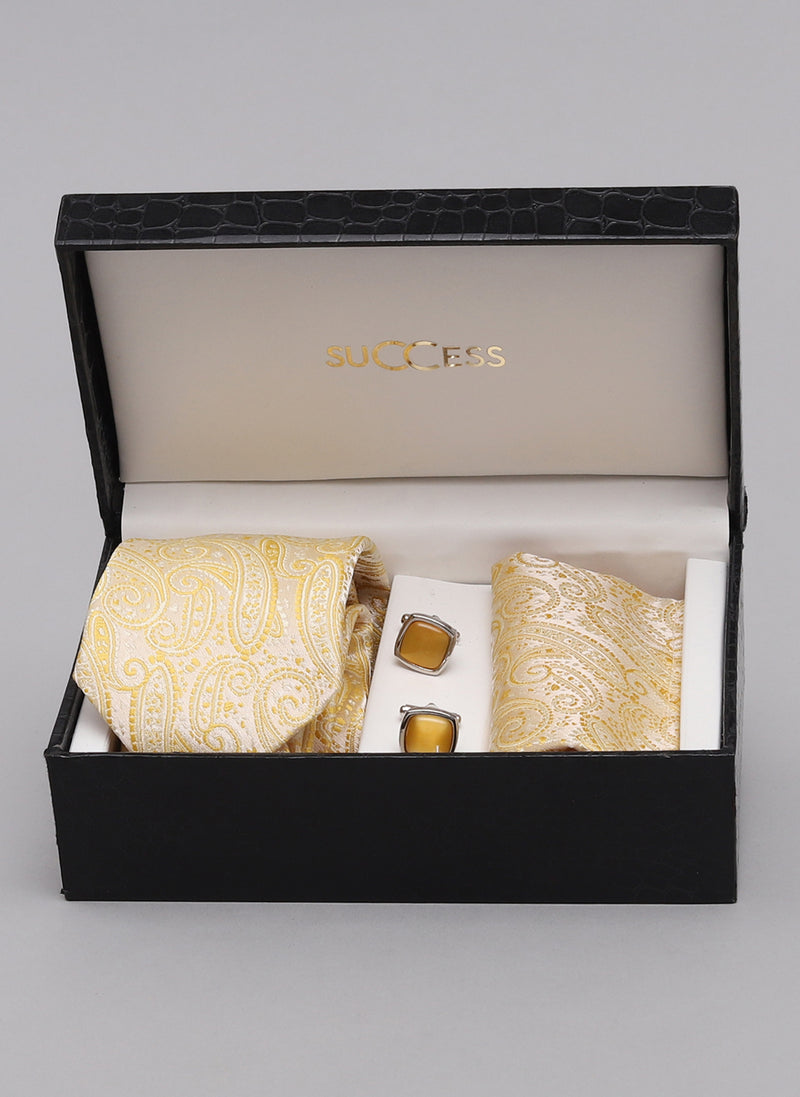 Yellow Formal Tie Accessories Combo – Tie, Cufflinks & Pocket Square