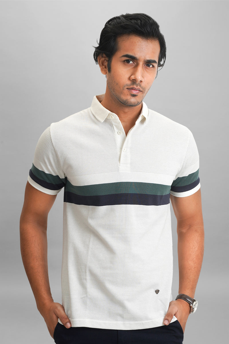 Cream Polo T-Shirt with Chest Stripe